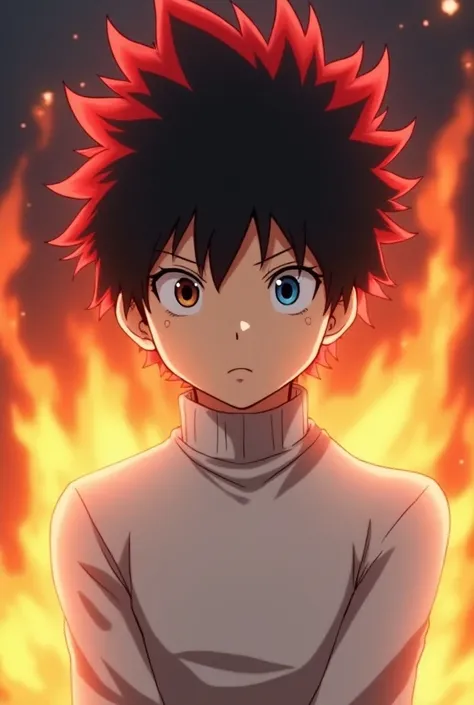  Screenshot of Boku no Hero Academia, fair-skinned boy ,  short black and pink hair ,  straight brown eyes , blue left eye,  wears a white turtleneck sweater,  scorching Todoroki Shoto from Boku no Hero 
