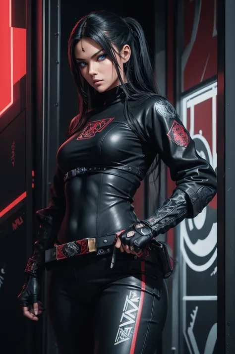 ((best quality)), ((masterpiece)), (detailed), Perfect Face Latin woman , blue eyes, loose dark hair ,  dressed in a tight ninja outfit in black , holding a katana,  on the clothes an emblem with the initials MV and another emblem with the initial R.
In th...