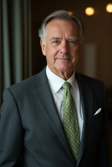 Mens 40 years old dark gray blazer and pistachio green tie with small polka dots and white shirt