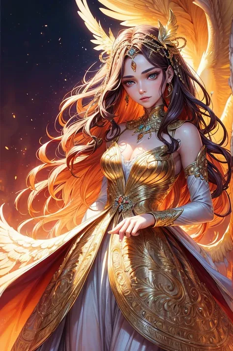 a phoenix in human form ,  12 jears old wearing a beautiful dress, extremely detailed face and eyes, beautiful detailed lips, flawless skin, long wavy hair, elegant, ethereal, graceful, magical, glowing aura, detailed feathers, intricate dress patterns, dr...