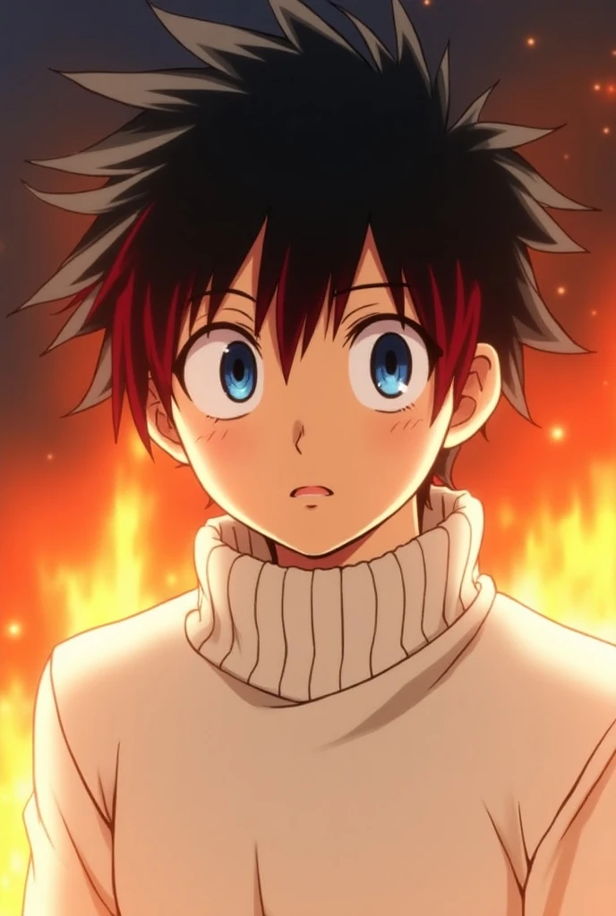  Screenshot of Boku no Hero Academia, fair-skinned boy ,  short black and pink hair ,  straight brown eyes , blue left eye,  wears a white turtleneck sweater,  scorching Todoroki Shoto from Boku no Hero 
