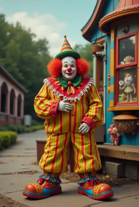 A man who plays a clown from one of an 80s show a clown who lives in a colorful house filled with machines and inventions a program from the 80s for school he lives in a square in a park realistic style a man dressed in makeup and costumes old photo from 1...