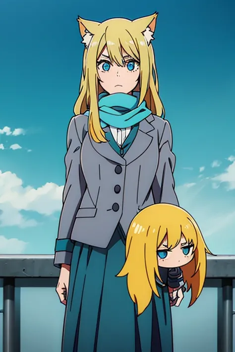 teenage woman, medium yellow hair , cat ears, sky-blue eyes, gray shirt,  teal scarf,  dark gray jacket , teal skirt 