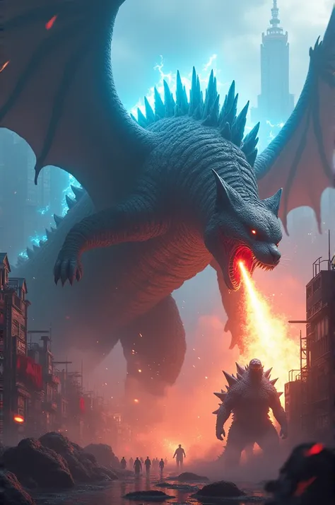 In the image, a giant gray cat with wings  faces off against Godzilla in a bustling city. The cat release  blue flame from its mouth, while Godzilla counterattacks release red flame from his mouth. The dramatic clash of colors and towering skyscrapers crea...