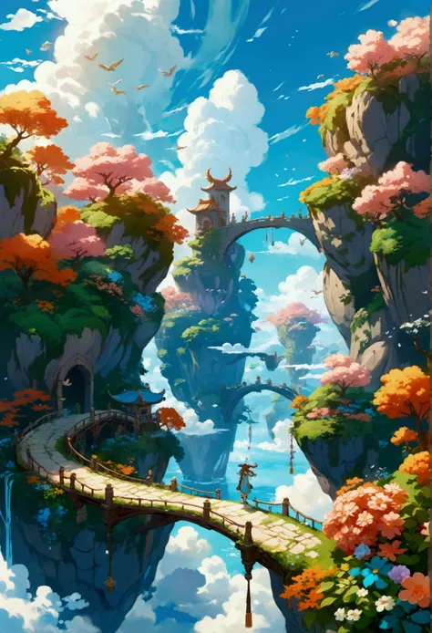 Generate a floating island landscape inspired by Genshin Impact, with large islands hovering in the sky, connected by stone bridges. Lush greenery covers the islands, and magical creatures fly between them. The sky is bright and clear, with soft clouds dri...