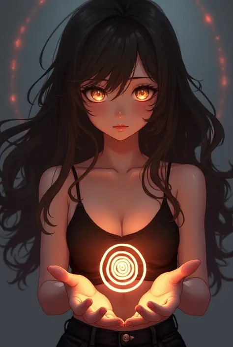 a  old girl, long dark brown hair curled at the ends, brown eyes rotating with visible spirals, sexy short black top with ,black jeans,with a large spiral on the hands ,anime