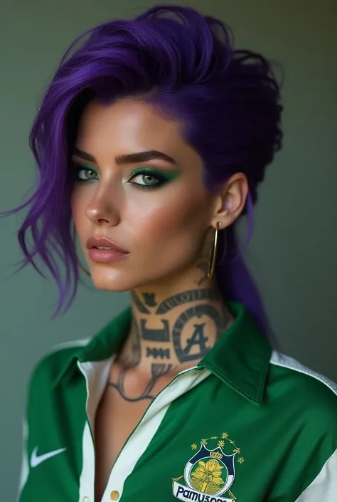 Woman wearing a Palmeiras blouse smoking purple hair with white tattoo on her face very beautiful brunette woman 