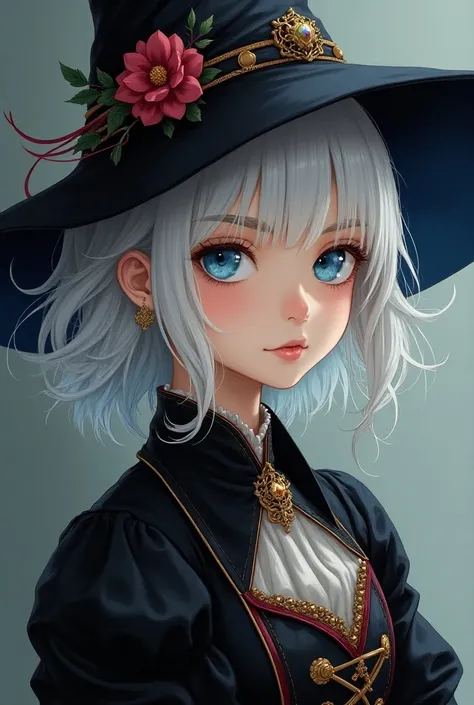 (masterpiece), (work of art), (amazing work), (detailed eyes), (delicate skin), (heterochromatic eyes), (multicolored), (short white hair with bangs), (sparkling eyes), (1girl) with witchs hat, ancient, old, wearing extravagant medieval clothes, masterpiec...