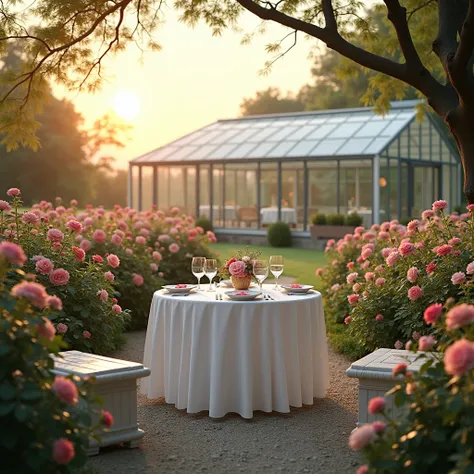 White round table,sunset,Rose Garden,glass house,ม้านั่ง
