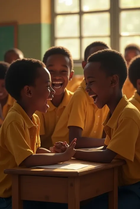 A class of boarding  school of Tanzania in 1962 with people laughing hard all around the class 