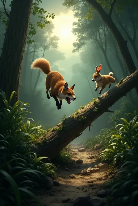 The rabbit narrowly escapes a sudden leap from the fox by diving under a fallen tree. The fox, unable to stop in time, crashes into the log but quickly recovers, snarling in frustration. The jungle grows darker as thick clouds block the sun, adding to the ...