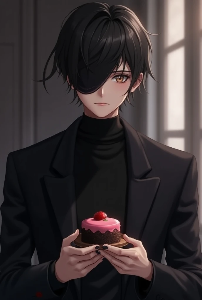 beautiful anime man with a black blindfold and black turtleneck holding a cake