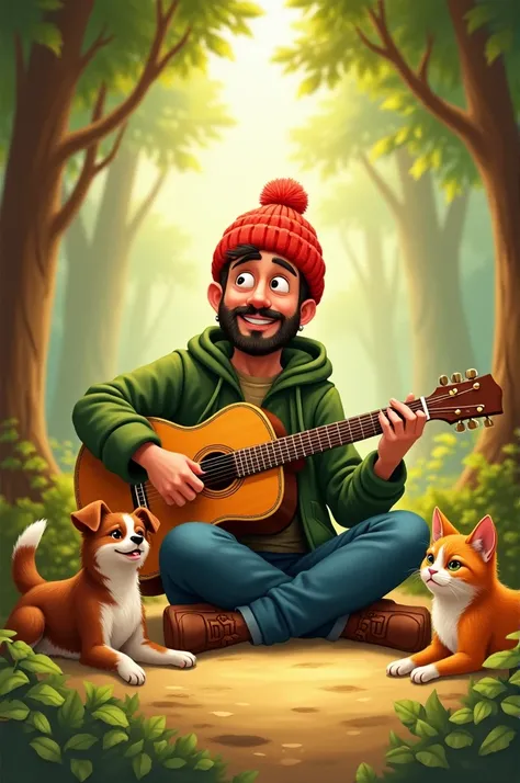 a man playing guitar wearing red bonnet and green jacket with her pet dog and cat 