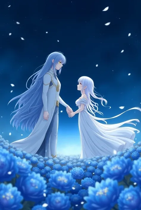 Rimuru from tensei shira slime da ken ( men with long sky blue hair & golden eyes ) and Furina from genshin impact ( woman with long white hair and blue ocean eyes ) Together , Amidst a field of blue flowers , The sky is decorated with many stars. Rimuru h...