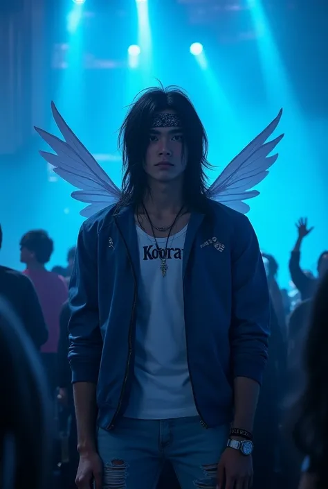 (photorealism:1.2) Young man with a youthful face with a well-defined body, long black hair and fairy wings, wearing a blue jacket written KOBRA, a wet white shirt and ripped jeans, he is in the stands of a show with blue lights and dark glasses and a head...