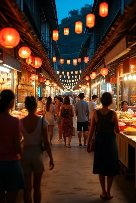 a photorealistic street scene in thailand, bustling night market stalls, people walking with orange hanging lanterns above the road, detailed food stalls, warm lighting, vibrant colors, (best quality,4k,8k,highres,masterpiece:1.2),ultra-detailed,(realistic...