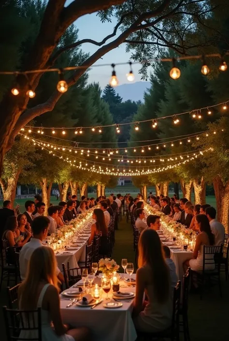  The evening was perfect for an outdoor celebration . The garden of the De Luca house ,  illuminated by delicate lights hanging from the trees ,  glass lanterns shone softly ,  creating a magical atmosphere under the starry Tuscan sky