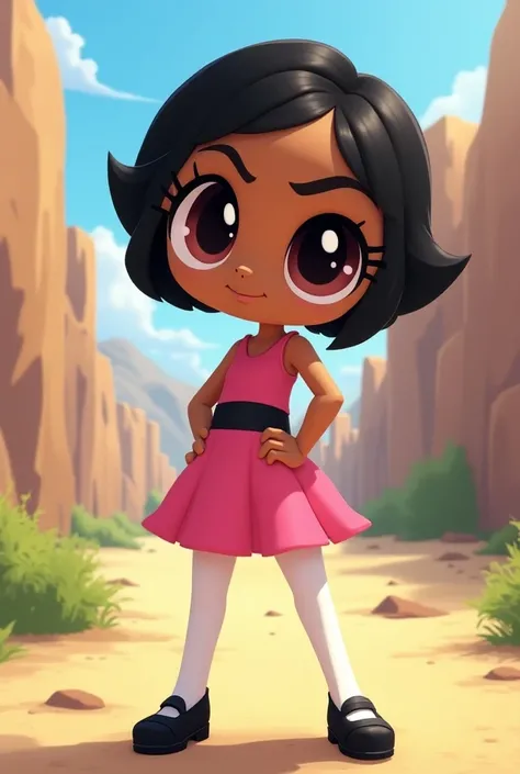  Bombon from the powerpuff girls with short black hair, Brown skin , Brown eyes in her usual outfit and she is dark-skinned 
