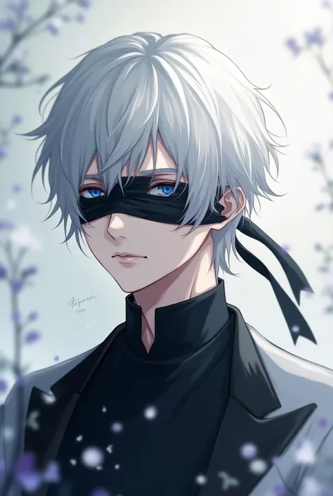 beautiful anime man with a black blindfold over both eyes. he has white hair. there is text above him that says satoru gojo