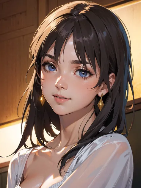 Official Art, wallpaper,  very detailed , ((( very detailed な目と顔))), Realistic portraits, (Best Quality, masterpiece,  High Resolution ), ( High Resolution スキン: 1.2), 8K Ultra HD, Backlight, Background Blur, smile, One Woman,  woman in white shirt, Beautif...