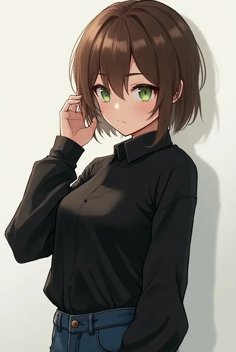 anime character of a woman with a black shirt longsleeve and blue jeans, short brown hair, neck length, green eyes, a digital painting inspired by Tomer Hanuka, trending on pixiv, serial art, heavy gesture style closeup, full body details, wearing casual c...