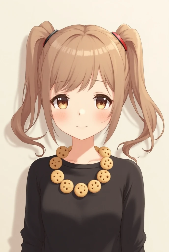 anime girl,  with two tails facing back, light brown hair,  with fringe facing the side , white skin, a necklace of cookies , black top