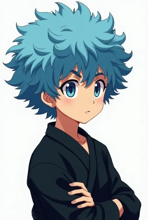 anime male, light blue afro curly hair, afro hair, light blue eyes, male, black martial arts gi, , 