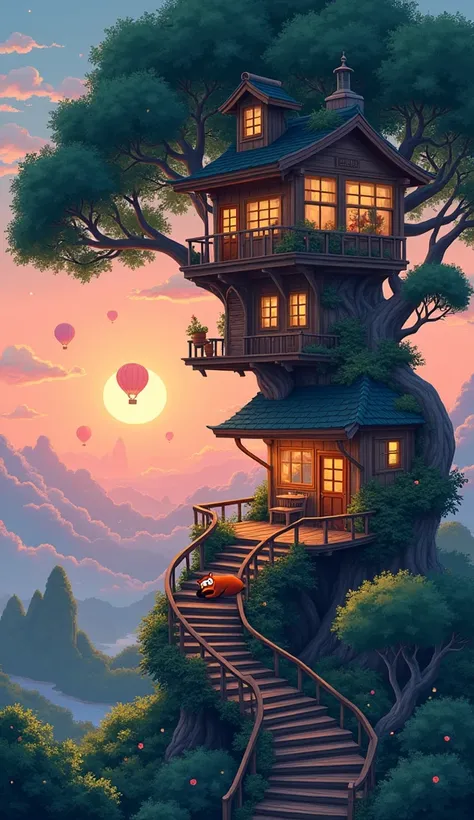 Very beautiful anime illustration. anime lo fi GHIBSKY style of A whimsical treehouse cafe nestled in a giant bonsai tree, with winding wooden staircases and lantern-lit balconies. A sleepy red panda lounging on a branch. Pastel pink sky at sunset with flo...