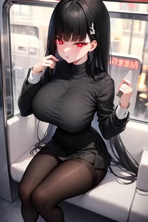 big breasts、white knit、vertical knit、 long sleeve、black fishnet stockings、black pantyhose、 miniskirt 、black hair、red eye、long, s...