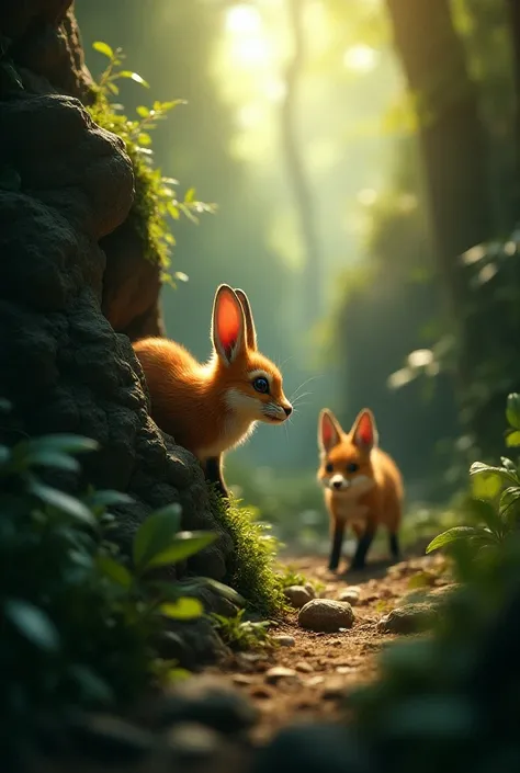 As the rabbit hides in the safety of the rocks, it takes a moment to catch its breath, its body trembling. The fox, realizing it cannot reach its prey, reluctantly turns and walks away, disappearing back into the dense jungle. The rabbit finally exhales in...