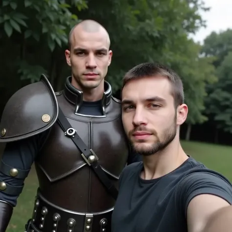 Kirill, selfies with man against guts from berserk. from front camera photo, realistic, face Kirill without beard 18 years old, in photo, guts on left, Kirill in centre
