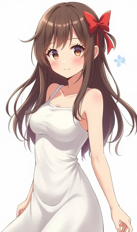 A girl of about。 facing the front。clear。cute。Brown Hair。Im bundling my hair with a ribbon later。 long hair。White dress。Big Breasts。anime