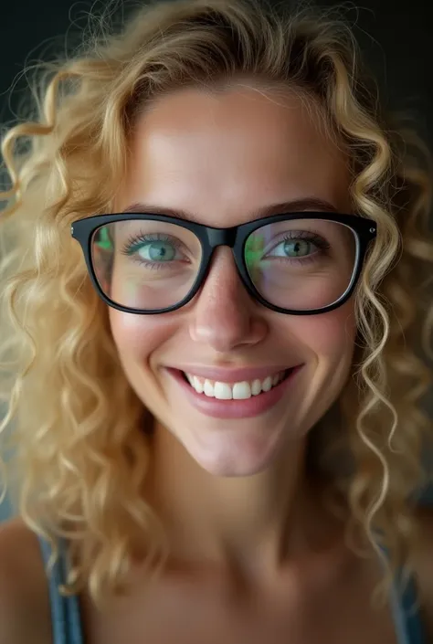 Photo hd 4k, hyper realistic, a man has just ejaculated on the face of a pretty blonde, she has a face full of sperm, glasses full of sperm, she smiles, she has curly blond hair, green eyes, full of sperm, ID card type photo