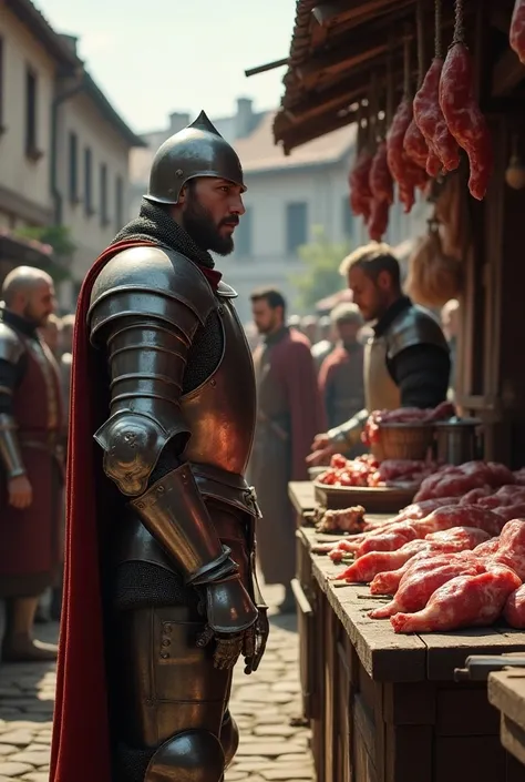 Man in medieval armor asking the butcher for meat
