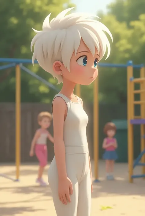 White girl , 10y, standing, side view, tight white jumpsuit, short pixie hair, small earrings, blue eyes, shy, playground, girls in background