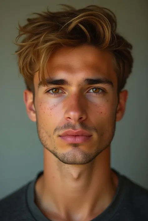 A 25-year-old blond man with freckles and brown eyes with a defined face