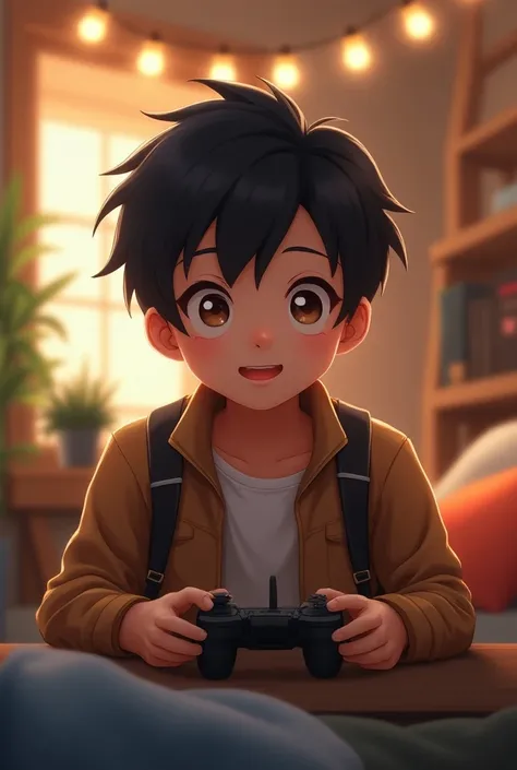 A cute anime boy.bokeh blur background in game room.