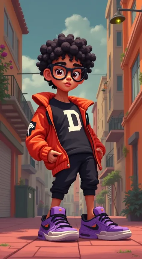 male character,  curly hair color black , with glasses and broncos , black clothes,  shirt with D printed on the chest,  wearing purple Jordan shoes ,  pixa animation style 