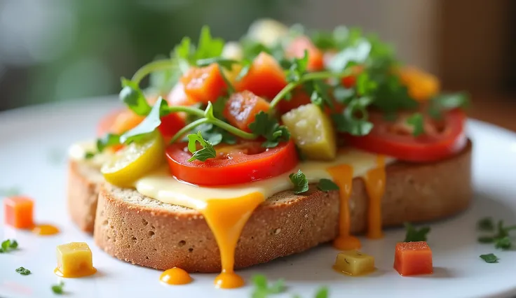 a piece of bread with cheese and vegetables on it, contest winner, high resolution photo, 4k
