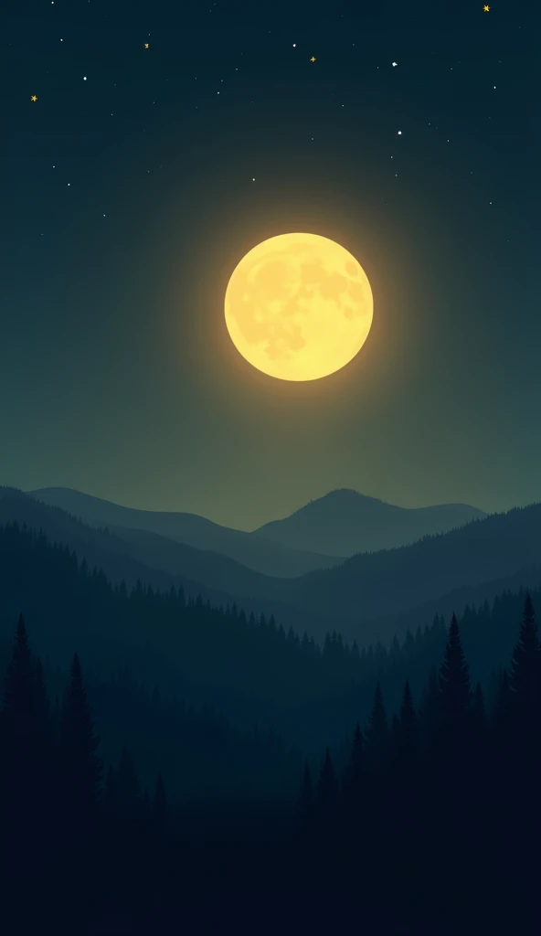 A tranquil, minimalist night scene featuring a large, glowing full moon casting soft golden light over rolling hills. The sky is deep and filled with twinkling stars, while the foreground shows dark silhouettes of trees and subtle outlines of hills. The sc...