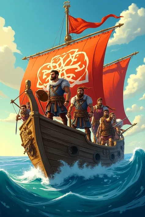 Des gaulois sur un bateau pirate illustration pour enfants avec pleins de couleurs 