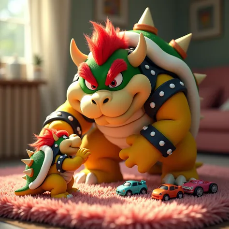 Bowser and Baby Bowser play together on the carpet with cars