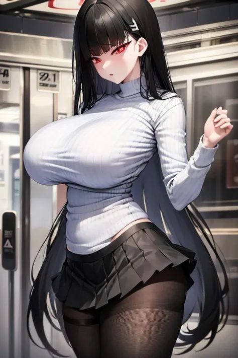 big breasts、white knit、vertical knit、 long sleeve、black fishnet stockings、black pantyhose、 miniskirt 、black hair、red eye、long, s...