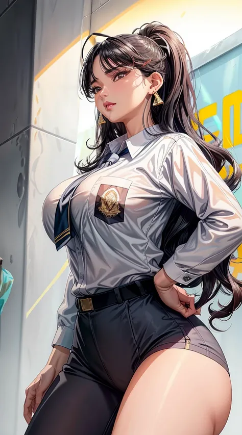 (best quality:1.5, highres, UHD, 4K, detailed lighting, shaders), black wavy haired, gradient hair, large breasts, suit, gray shirt, social shirt, social long pants, mature woman , (pov), white background, colorful eyeshadow, dramatic lighting, sparkling e...