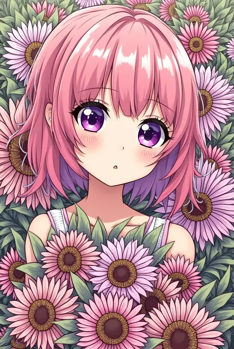 (ultra-detailed background, detailed background), absurdres, highres, ultra detailed, extremly detailed, 1girl, yae miko, pink hair, purple eyes, (bunch of flowers:1.3), (zentangle:1.2), (geometric:1.2),(colorful),