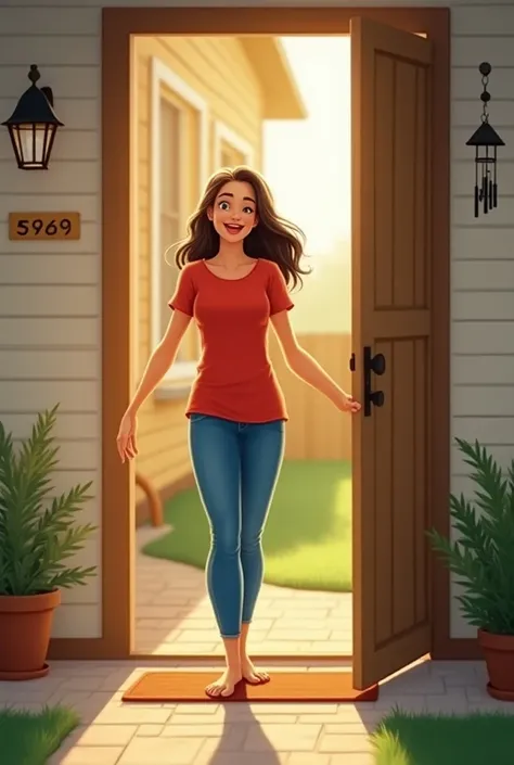 A mothers in red tshirt And blue jeans is happily closing the door of her house and going for a trip