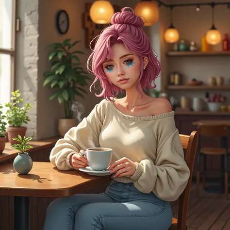 Lexi sits comfortably at a small, rustic table in a cozy coffee shop, her pink hair styled into a loose, messy bun, with a few strands falling softly around her face. She’s dressed in a soft, oversized cream-colored sweater, the fabric slightly slouching o...