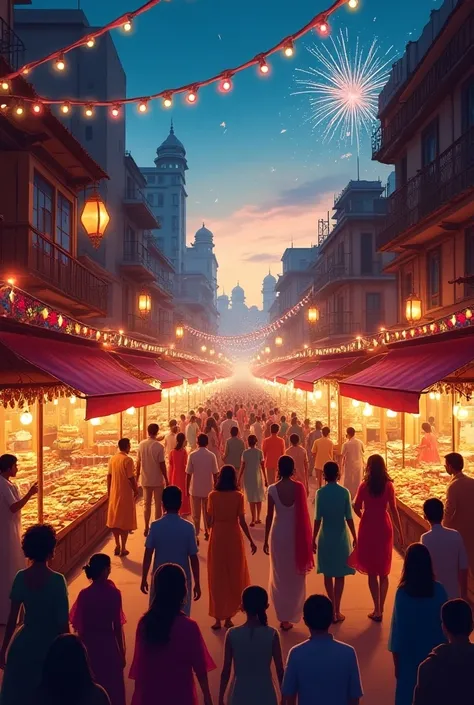 Create a creative poster which should include a street where shops are open fire crakers are blasting and people are enjoying and Diwali vibe make it look natural 
