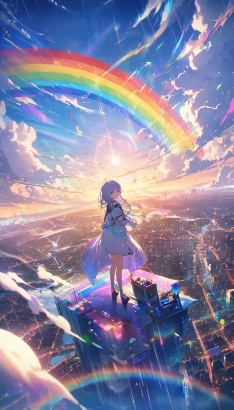 Angelic,   Detailed Scenery  ,  sunrise, rainbow,  after rain,  horizon , In the sky, city ,  lens flare, colorful,  an atmosphere full of dreams and hopes，masterpiece．16k,  super high definition, Born,wonderful ,future、rainbow色の、The world in the next 30 y...