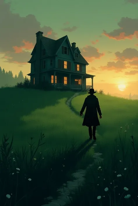 Simple and beautiful yet spooky house secluded in a green field at dusk, detective heading home to solve a mystery  